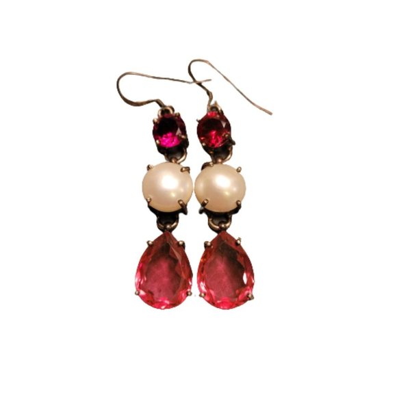 Faux PINK TOURMALINE & FRESHWATER PEARL HANDCRAFTED Sterling EARRINGS - Picture 4 of 10